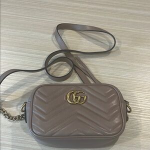 Gucci Mini GG Maramont Taupe Leather Crossbody Camera Bag